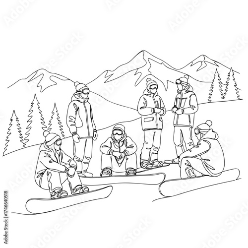 Snowboarding team enjoying winter mountain landscape in black and white outline, snowboarding team resting and chatting after riding. Stylish snowboarders relax together enjoying the mountain views,