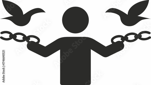 Symbolic icon showcasing freedom from oppression, featuring broken chains, soaring birds, and a minimalist human figure promoting peace and liberation