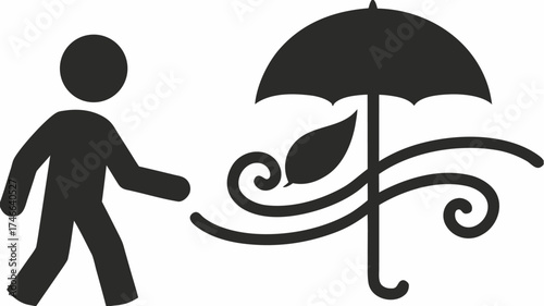 Stay protected from stormy weather with a reliable umbrella as wind blows a leaf past a walking figure, symbolizing safety, resilience, and preparedness