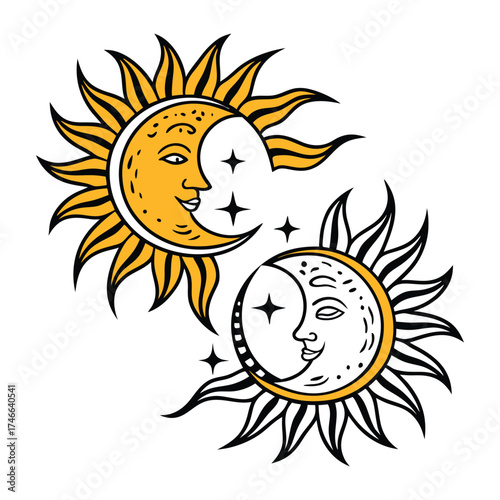 Stylized celestial art featuring a smiling sun and a serene crescent moon with starry accents representing duality and cosmic harmony in a vibrant illustrative style
