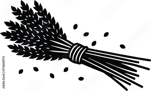Vector art of a bundle of rice ears, tied with a rope, with grains scattered around