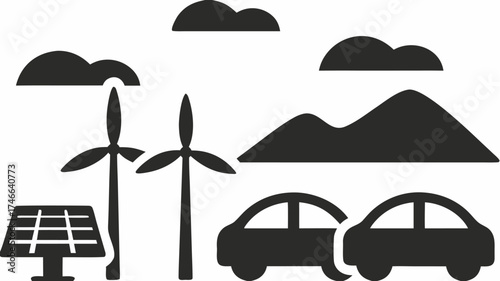Sustainable future with clean energy featuring wind turbines, solar panels, electric cars, and serene mountains, promoting a greener planet for generations