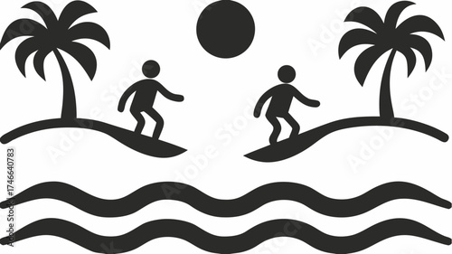 Surfing adventure at tropical island beach with palms and sun, minimal and modern design, perfect for travel posters and summer promotions