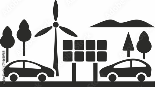 Promote eco-friendly transportation with electric cars, wind turbine, and solar panels for sustainable living and a green future, originally from a vector design
