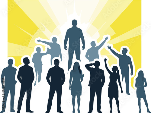 Blue silhouettes of a leader and crowd with radiating yellow light.