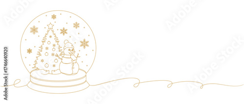 Christmas tree and snowman in a crystal ball with line art style of vector illustration