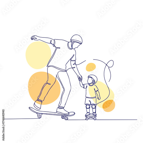 Father and child skateboarding together outlined in minimal line art. Single line art captures heartwarming fatherhood moment with dad teaching son how to skateboard, creating cherished memories.