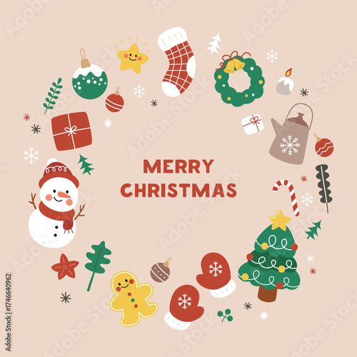 Merry Christmas round background frame with flat icons isolated on white. Christmas tree, snowman, gift, winter holiday design elements. Vector template New Year Wreath with Xmas decorations.