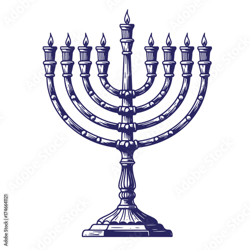 Classic hand drawn illustration of a vintage menorah with lit candles isolated on white