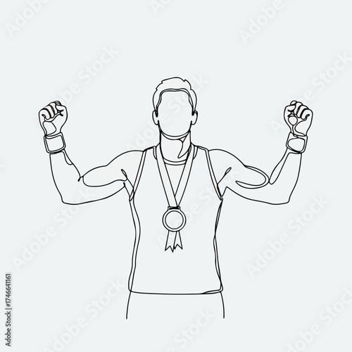 Line drawing of winner with gold medal and arms raised in triumph, celebrating victory. Single line drawing embodies achievement,
