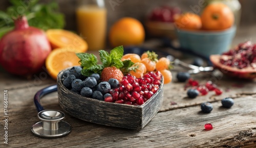 Fresh Mixed Berries in a Rustic Bowl with Citrus and Fruits on Wooden Table