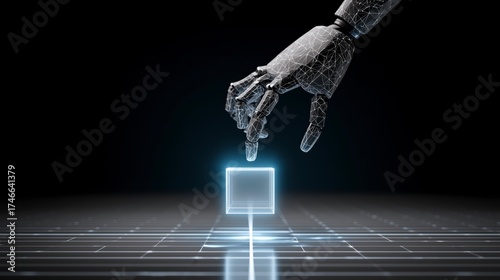 Robotic hand reaches for glowing cube in a dark digital environment during futuristic technology demonstration