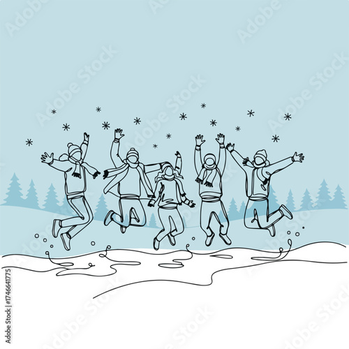 Winter fun shows active group jumping in winter wonderland. Active group celebrates holiday season with outdoor snowy activities, spreading cheer, joy and winter fun.