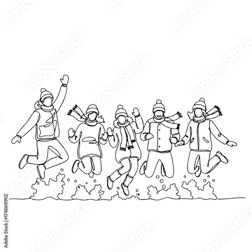 Joyful group jumping together, line art shows winter fun in monochrome. Group jumping expresses youthful exuberance and carefree celebration, captures shared moment.
