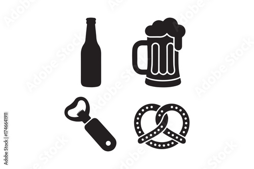 Beer bottle mug pretzel and bottle opener icons