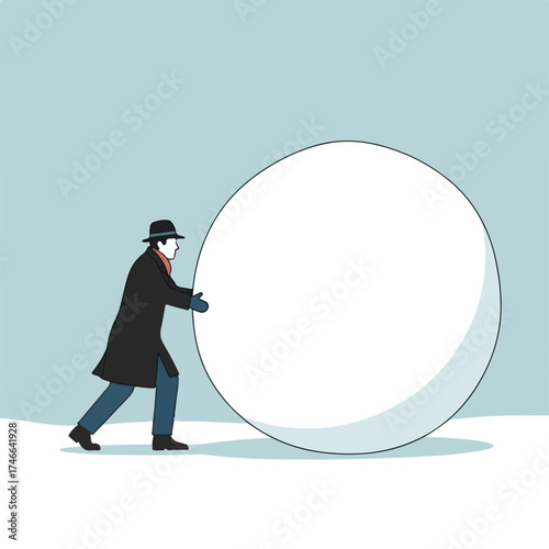 Cartoon man pushing snowball across snow covered ground. A man pushing snowball alone, struggling to move it, wearing coat and hat. Symbolizes overcoming challenges.