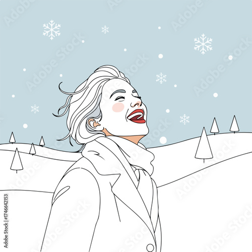 Cheerful woman with snowflakes falling, feeling first snowfall of winter season. Woman with red cheeks enjoying snowfall and winter weather outdoors with scarf and coat.