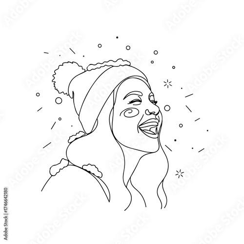 Line art portrait of woman with happy face. Happy face illustration featuring minimalistic lines showing joyful woman wearing a winter hat.