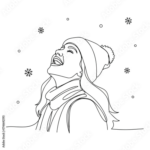 One line drawing of cheerful young woman enjoying fresh snowfall with snowflakes falling around her. Snowfall creates carefree mood, winter season spirit. One line drawing showcases simplicity,