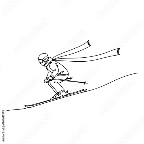 Dynamic skier illustration in minimalist style, depicting skier in motion on snowy slope. Winter sports scene illustrates skier with windswept scarf and streamlined form,