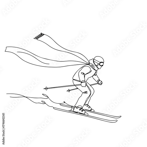 Skiing down hill in simple line art drawing of person, active winter sport. Skiing shows speed and adventure in monochrome. Enjoying skiing with long scarf as a fun,