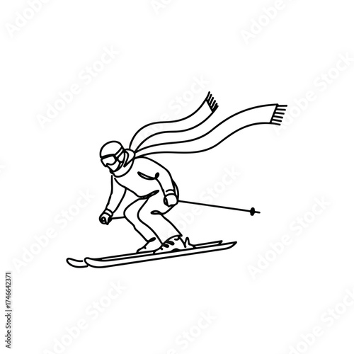 Downhill skiing with stylish scarf blowing in wind makes for dynamic artwork, downhill skiing image illustrates winter sports.
