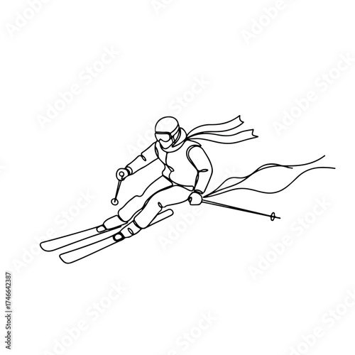 Skier illustration shows a skier sliding down slope with scarf flowing in wind. Skier enjoys alpine skiing in winter, enjoying outdoor activities.