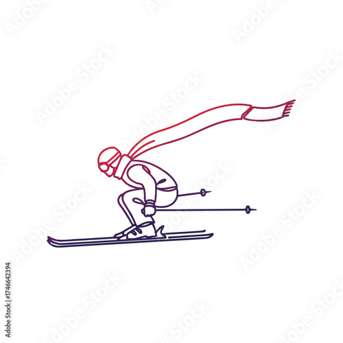Skier with long scarf on white background in gradient effect. Skier is performing, downhill skiing in winter season, enjoying sport activity. Skier in motion for social media, sport event,