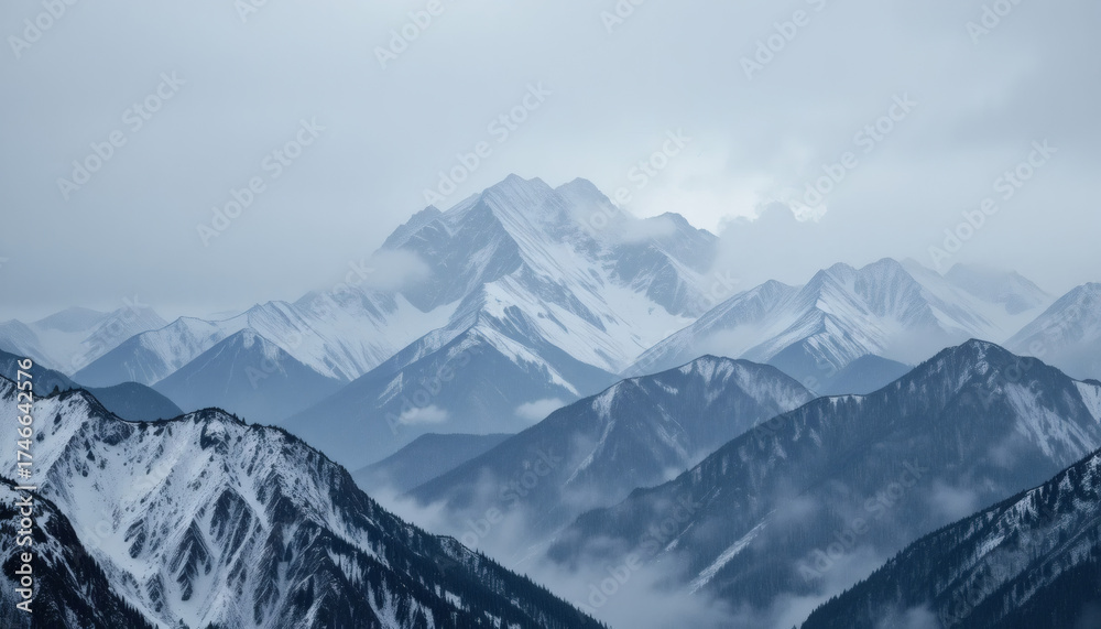 Obraz premium A vast mountain range during a gentle snowfall, wrapped in mist