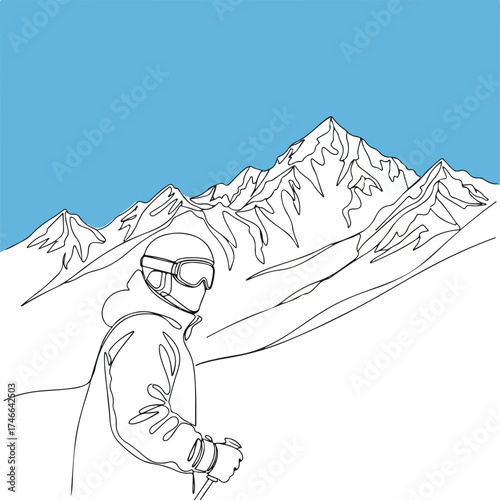 Depicting skier in mountains scene with snowy landscape and blue sky. Skier contours highlight winter activity with mountainous background, perfect for a sporty feel.