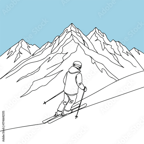 Winter sports show skier descending snowy slope against background of mountain range. Winter sports illustrate active leisure activity. Enjoy winter sports on slopes of snowy mountain in season.