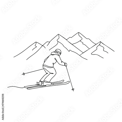 Skiing illustration, minimalist ski design showing mountainscape and person skiing. Stylish ski design featuring skier in snowy mountains, with a single line drawing.
