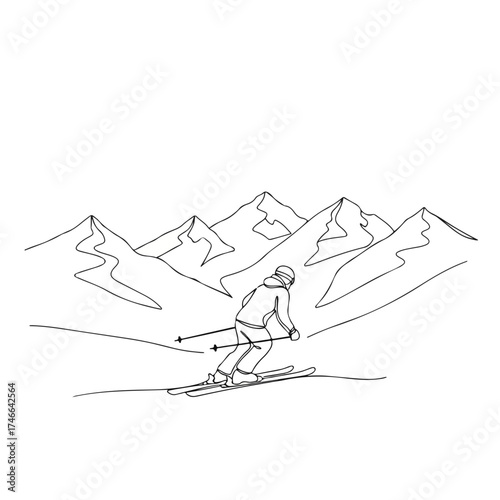 Skiing in mountains features skier gliding down slope with snowy peaks behind. Skiing shows athletic person participating in outdoor winter sport adventure, wearing jacket and helmet.