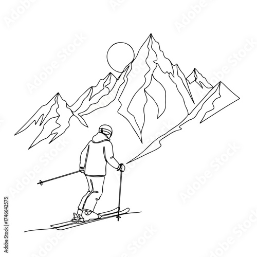 Line art showing mountain landscape with skier descending slopes. Mountain landscape sketch offers simplistic rendering of snowy alpine peaks.