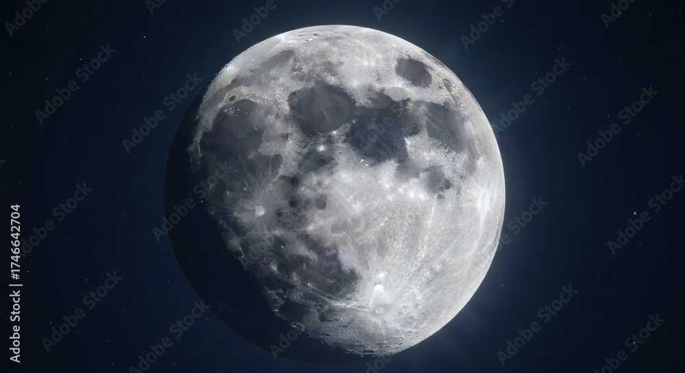 Fototapeta premium Full moon in the dark sky, craters visible and illuminated