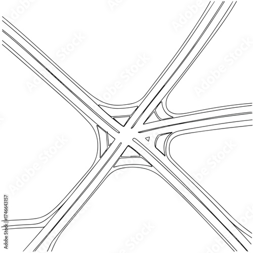 Illustration of traffic interchange with intersecting highway lanes forming a complex road junction. Traffic interchange enables smooth flow for transport network.