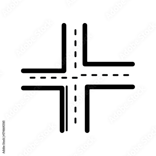 Illustration of a crossroad road junction symbol with dashed lines, showing city communications systems.