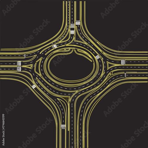 Aerial roundabout view with multiple access points and several cars, representing city communications systems. Roundabout also shows asphalt roads, traffic signs,