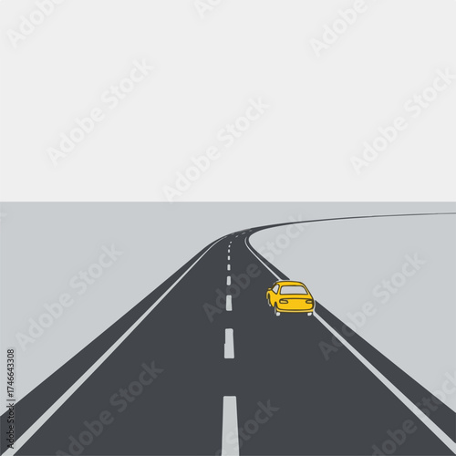 Yellow car on road, straight perspective of vehicle on asphalt surface. Car cruises along roadway, with dividing lines enhancing depth, creating scene of contemporary transport.