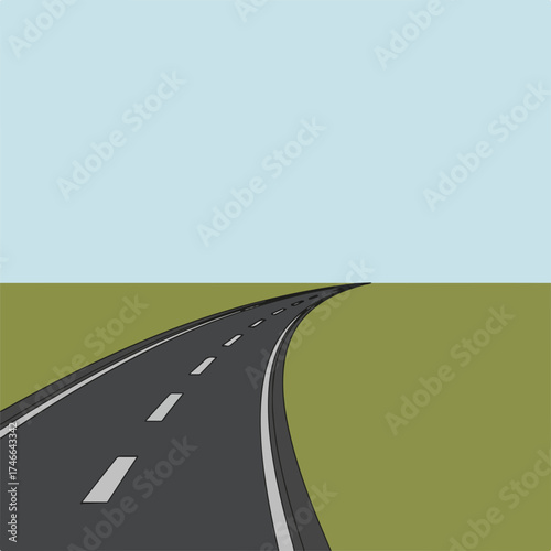 Empty road stretches into distance under bright sky, with green grass at sides. Empty road vanishing point shows fresh tarmac and clear blue sky.