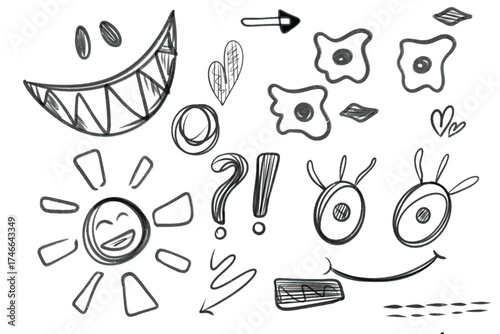 Collection of hand-drawn doodle elements including sun smile and question mark simple vector illustration for creative design projects