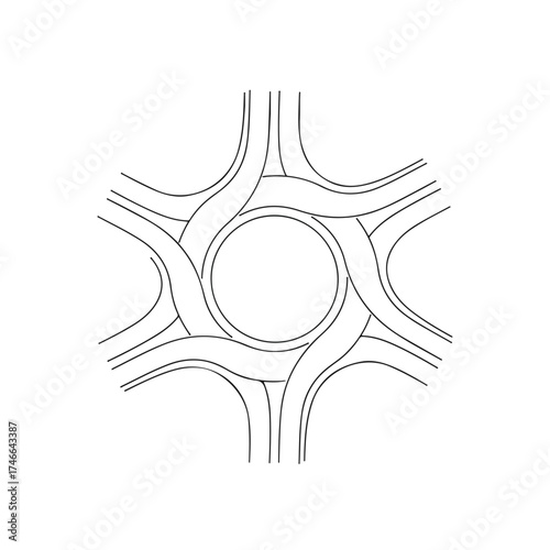 Roundabout intersection design showcases circular traffic flow with entry and exit lanes. Roundabout facilitates smooth traffic management in dense urban settings,