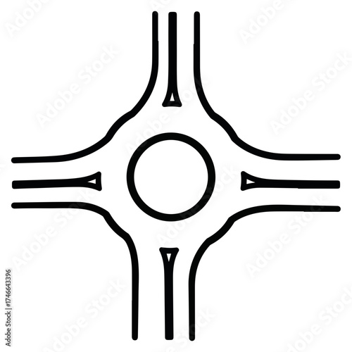 Roundabout illustration showing traffic flow on streets. Roundabout layout illustrates traffic circle with intersections on four sides, highlighting smooth movement and intersection design.