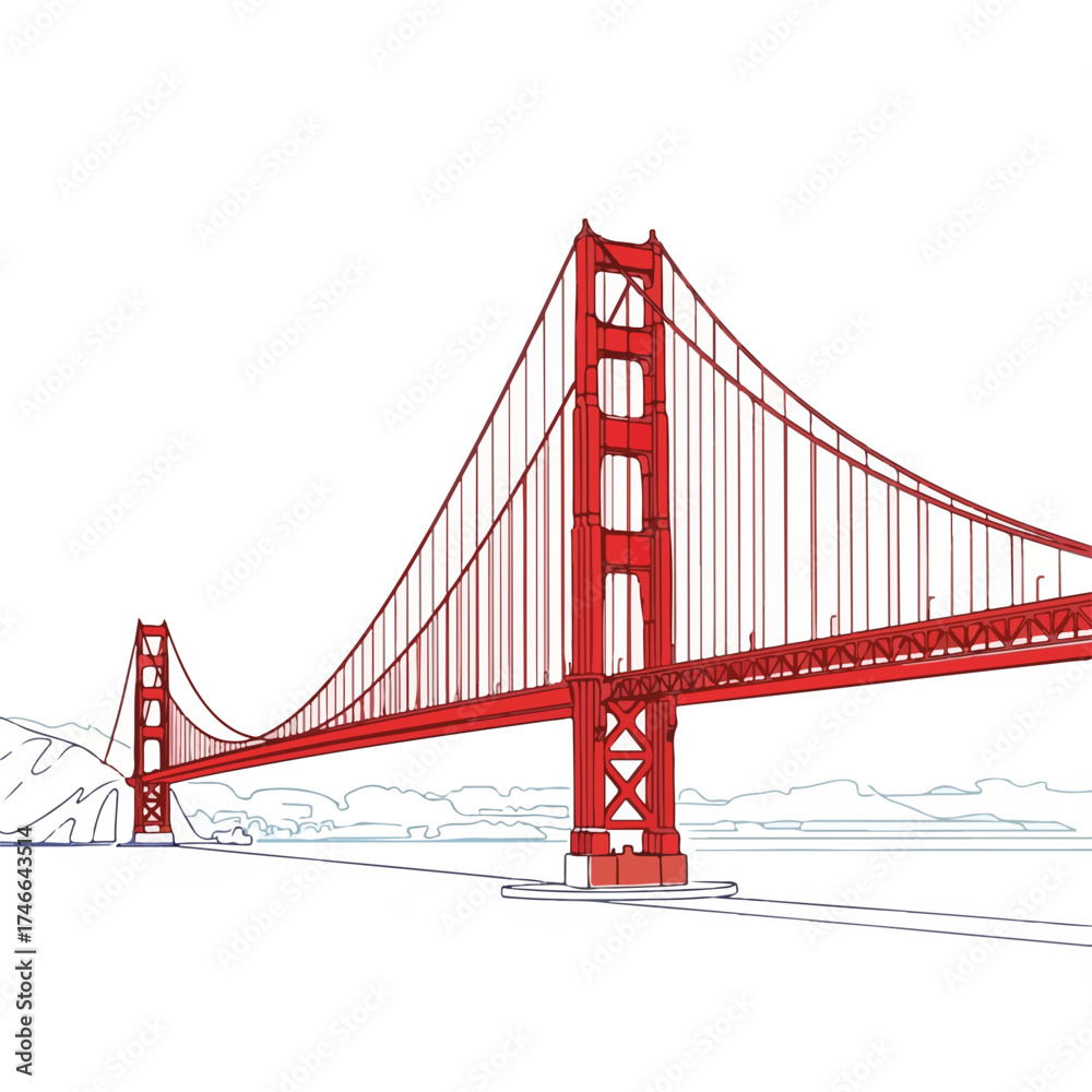 Fototapeta premium Golden Gate Bridge illustration depicts famous landmark in red and blue lines. Golden Gate Bridge sketch includes water with mountainous landscape.