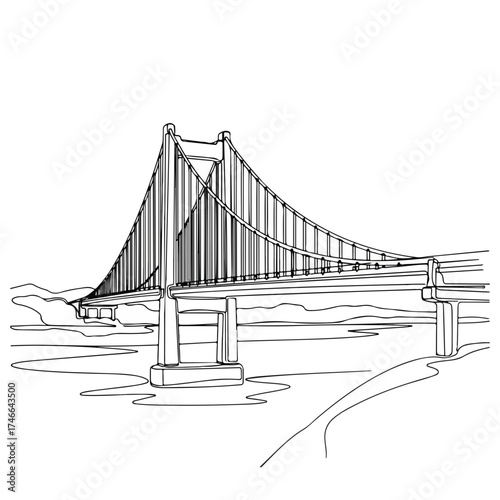 Bridge outline showing suspension structure over river. Bridge line art is a simple drawing for educational design, showcasing architectural design.