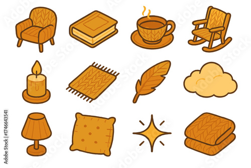 Cozy Sweater Icons. Cozy sweater fold isometric set. chair, book, tea cup, rocking chair, candle flame, rug, feather, cloud, lamp, cushion, starburst, blanket.