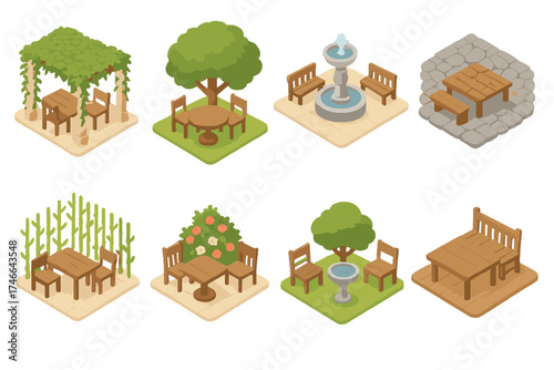Nature Patio Icons. Nature patios isometric set. vine-covered patio, tree-shaded patio, fountain patio, stone patio, bamboo patio, flower bed patio, birdbath patio, rustic wood
