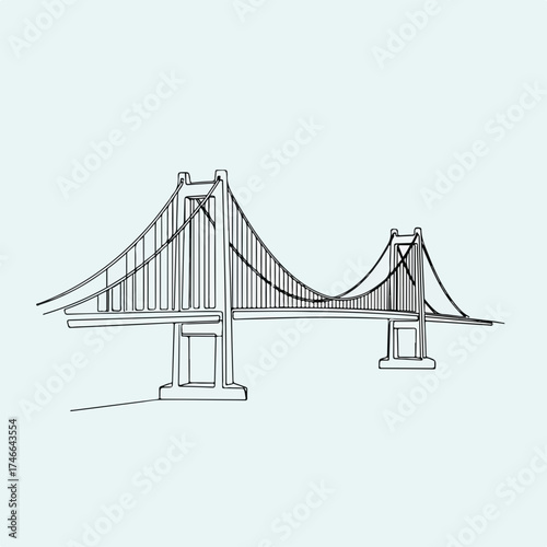 Minimalist bridge outline drawing showcases engineering marvel, spanning across expansive waters. Bridge outline features prominent support pillars and suspension cables,