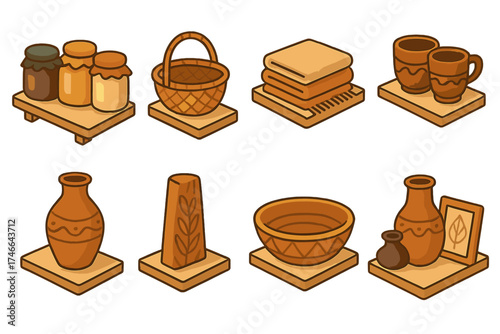 Crafted Shelf Icons. Craft shelf isometric set. row of handmade jars, basket on shelf, folded woven textiles, pottery cups, artisan vase, wooden carving, crafted bowl, rustic