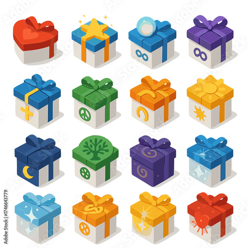 Symbolic Gift Icons. Symbolic gifts isometric set. heart box, star box, glowing orb gift, infinity gift, radiant cross gift, peace sign gift, charm box, sunburst gift, moon gift